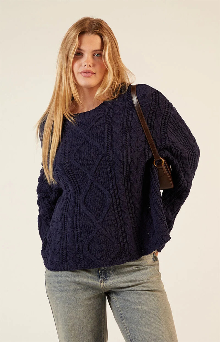 NEW Pacsun LA Hearts Cable Knit Sweater Women's Navy Blue Boxy Size M